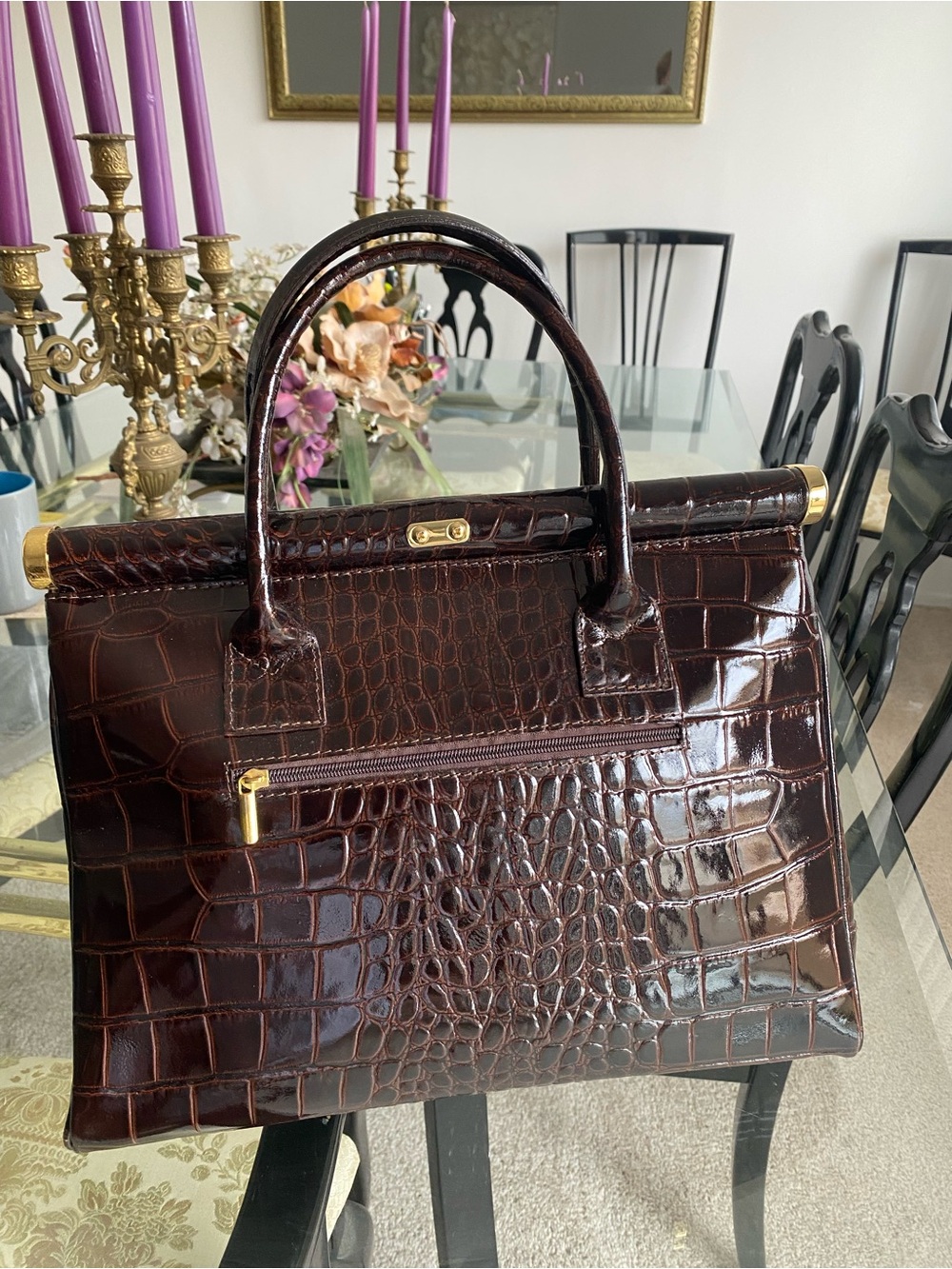 Classic Croc-Embossed Fontanelli by RECO’s Handbag in Dark Brown